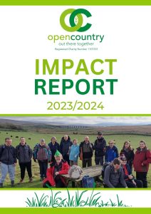 The cover of the impact report shows a 14 members of Open Country in a moorland setting with grass field.